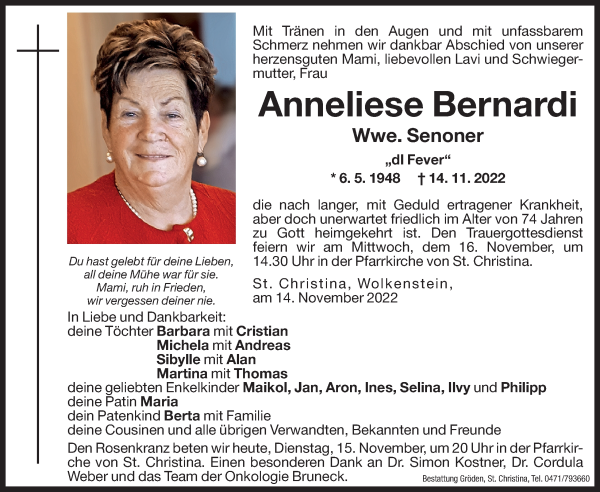 Traueranzeige von Anneliese Senoner von Dolomiten