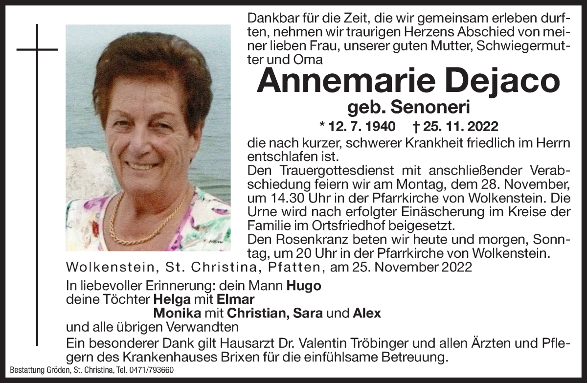  Traueranzeige für Annemarie Dejaco vom 26.11.2022 aus Dolomiten