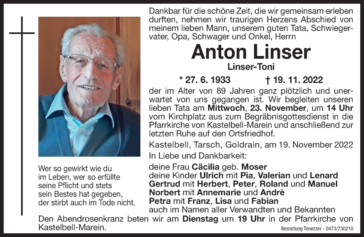  Traueranzeige für Anton Linser vom 21.11.2022 aus Dolomiten