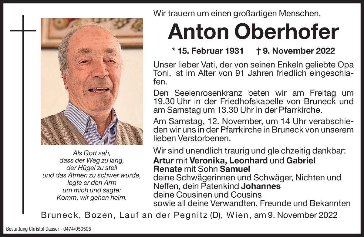  Traueranzeige für Anton Oberhofer vom 11.11.2022 aus Dolomiten