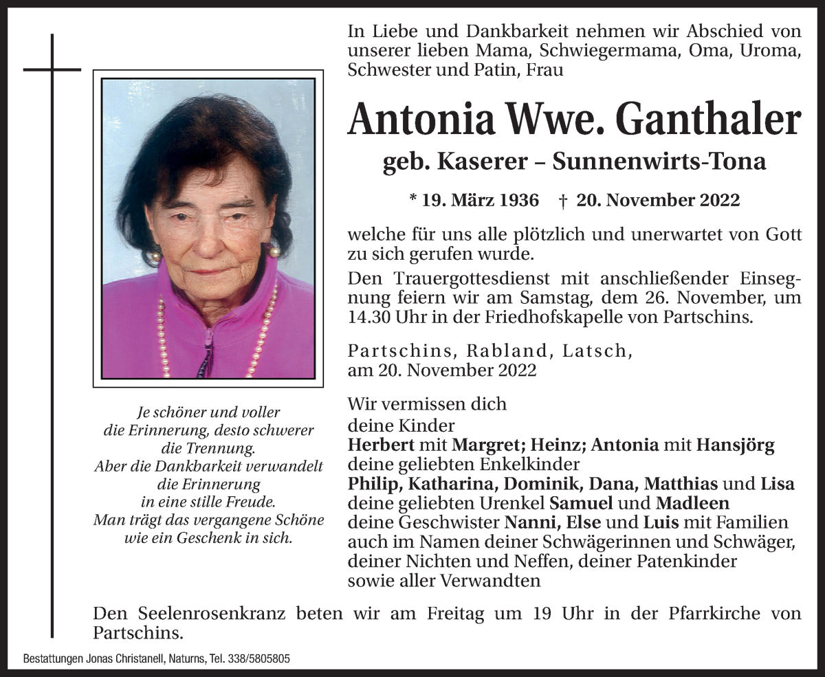  Traueranzeige für Antonia Ganthaler vom 24.11.2022 aus Dolomiten
