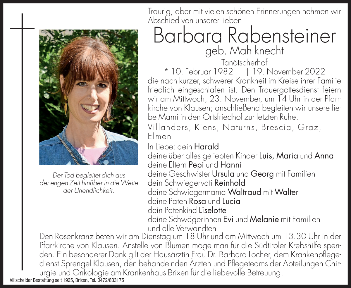  Traueranzeige für Barbara Rabensteiner vom 21.11.2022 aus Dolomiten