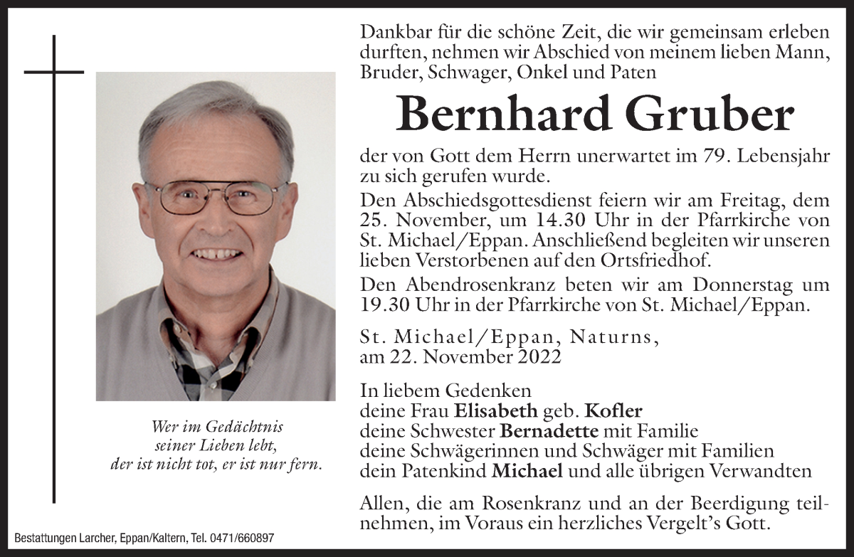  Traueranzeige für Bernhard Gruber vom 23.11.2022 aus Dolomiten