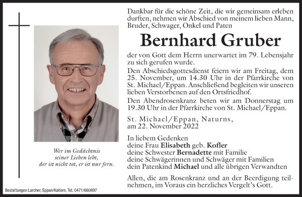 Traueranzeige von Bernhard Gruber von Dolomiten