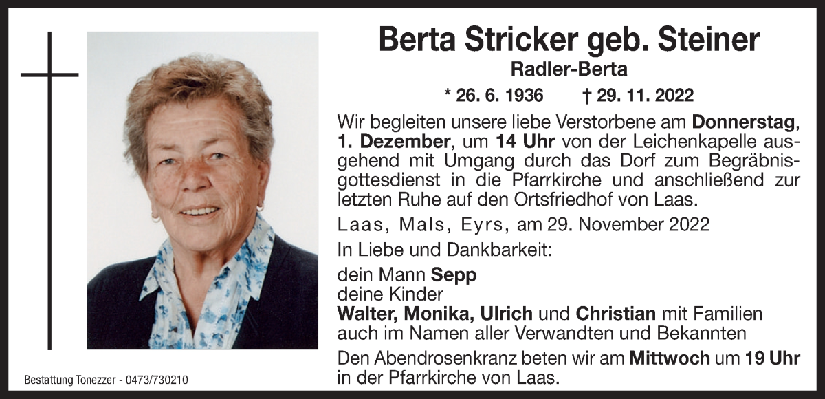  Traueranzeige für Berta Stricker vom 30.11.2022 aus Dolomiten
