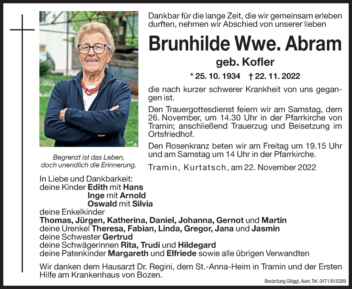  Traueranzeige für Brunhilde Abram vom 24.11.2022 aus Dolomiten