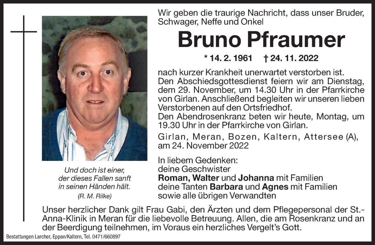  Traueranzeige für Bruno Pfraumer vom 28.11.2022 aus Dolomiten