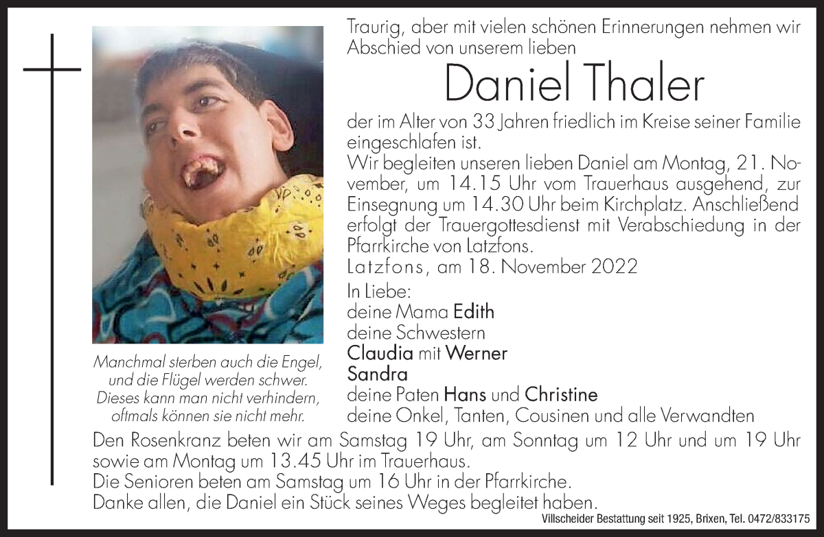  Traueranzeige für Daniel Thaler vom 19.11.2022 aus Dolomiten