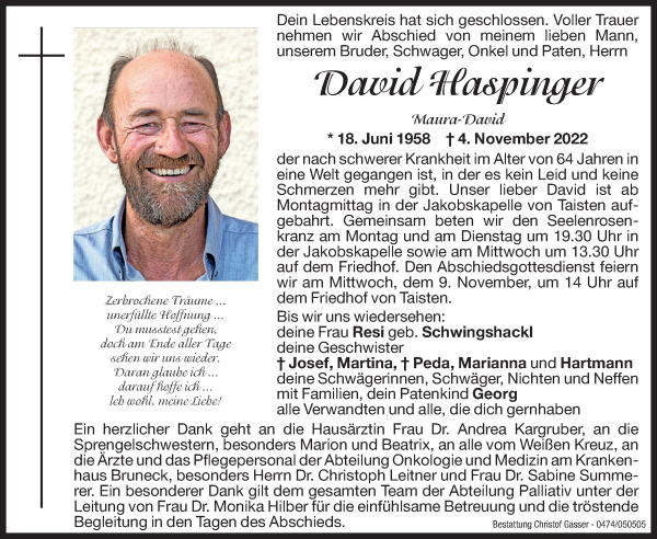 Traueranzeige von David Haspinger von Dolomiten