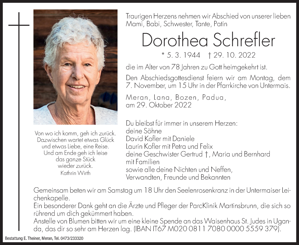  Traueranzeige für Dorothea Schrefler vom 05.11.2022 aus Dolomiten