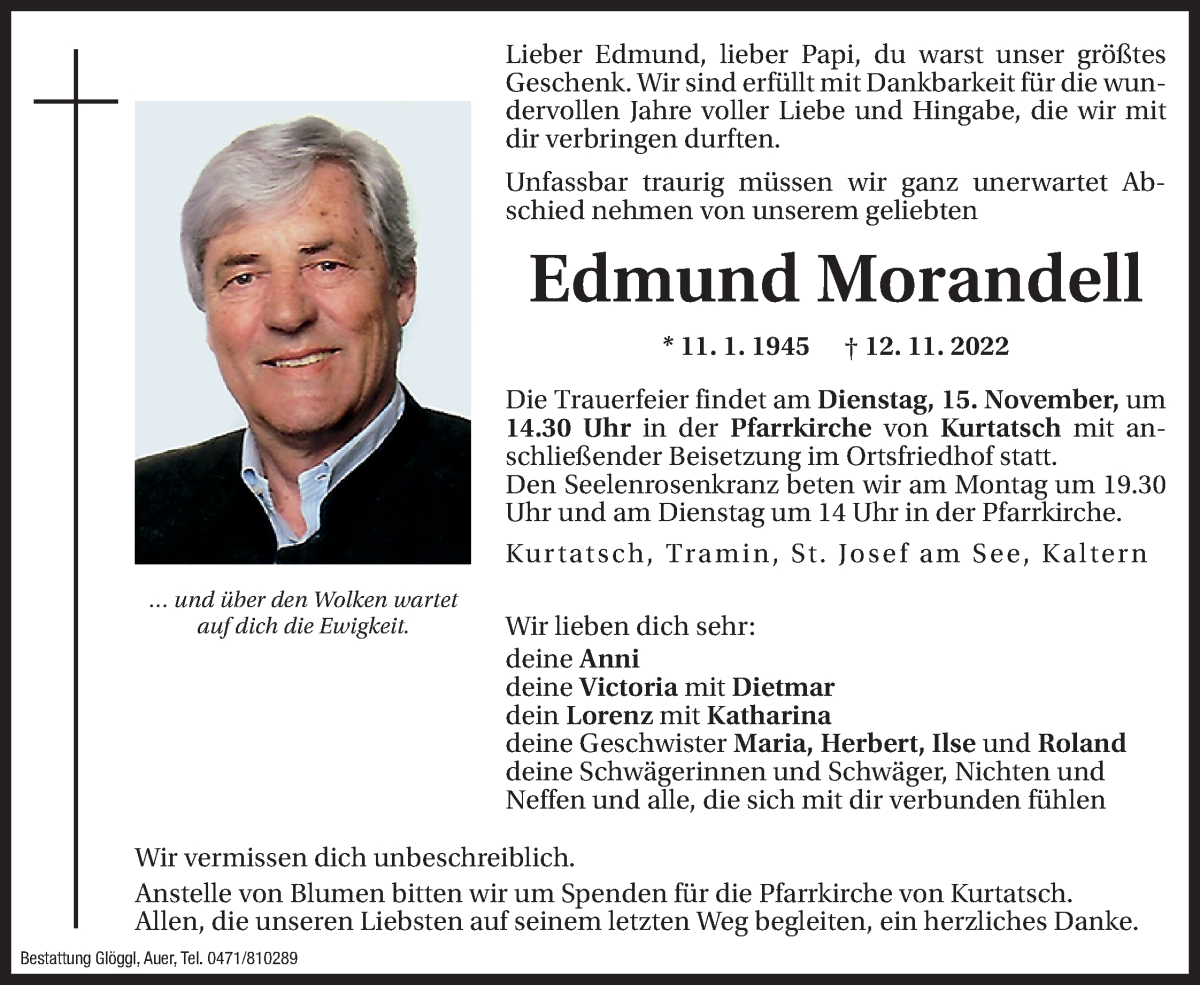  Traueranzeige für Edmund Morandell vom 14.11.2022 aus Dolomiten