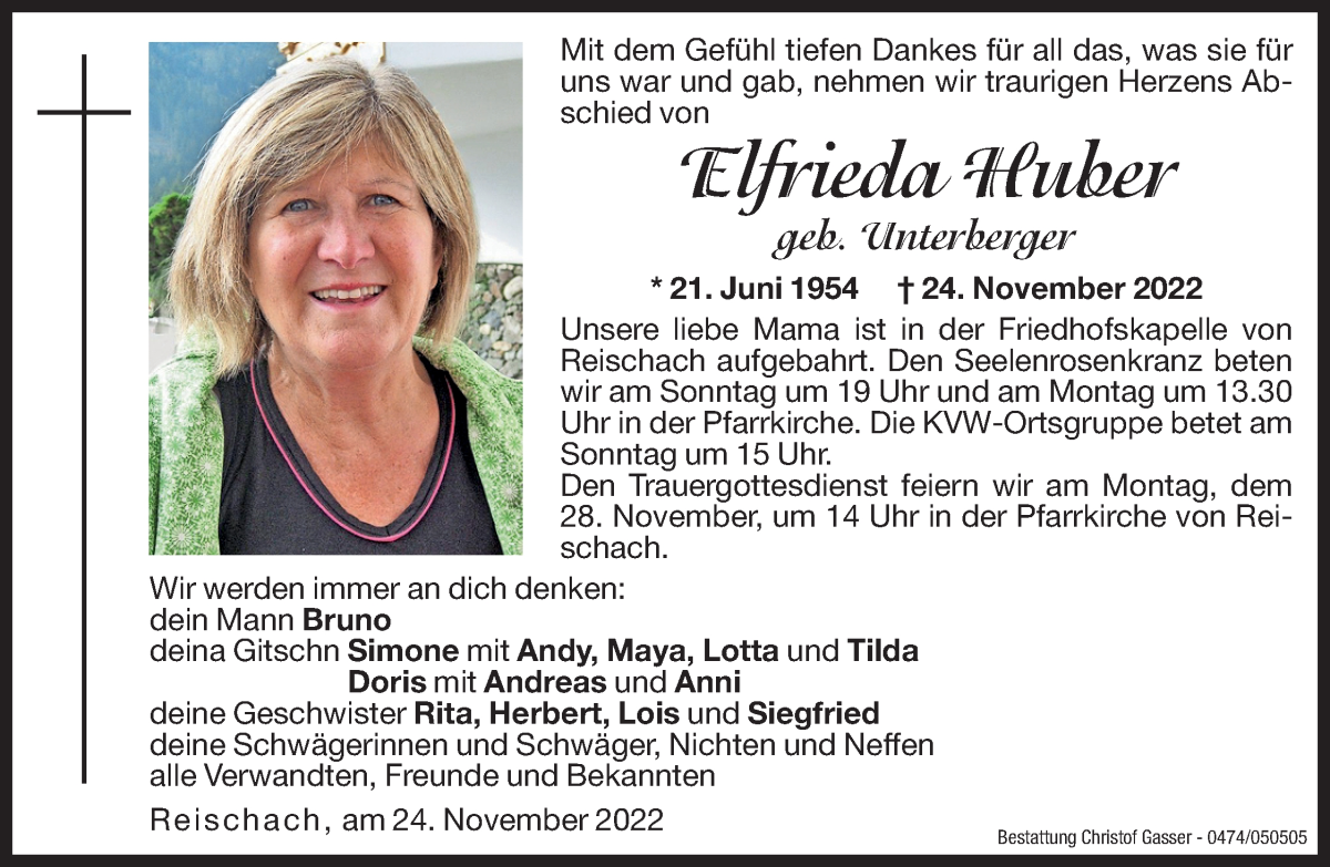  Traueranzeige für Elfrieda Huber vom 26.11.2022 aus Dolomiten