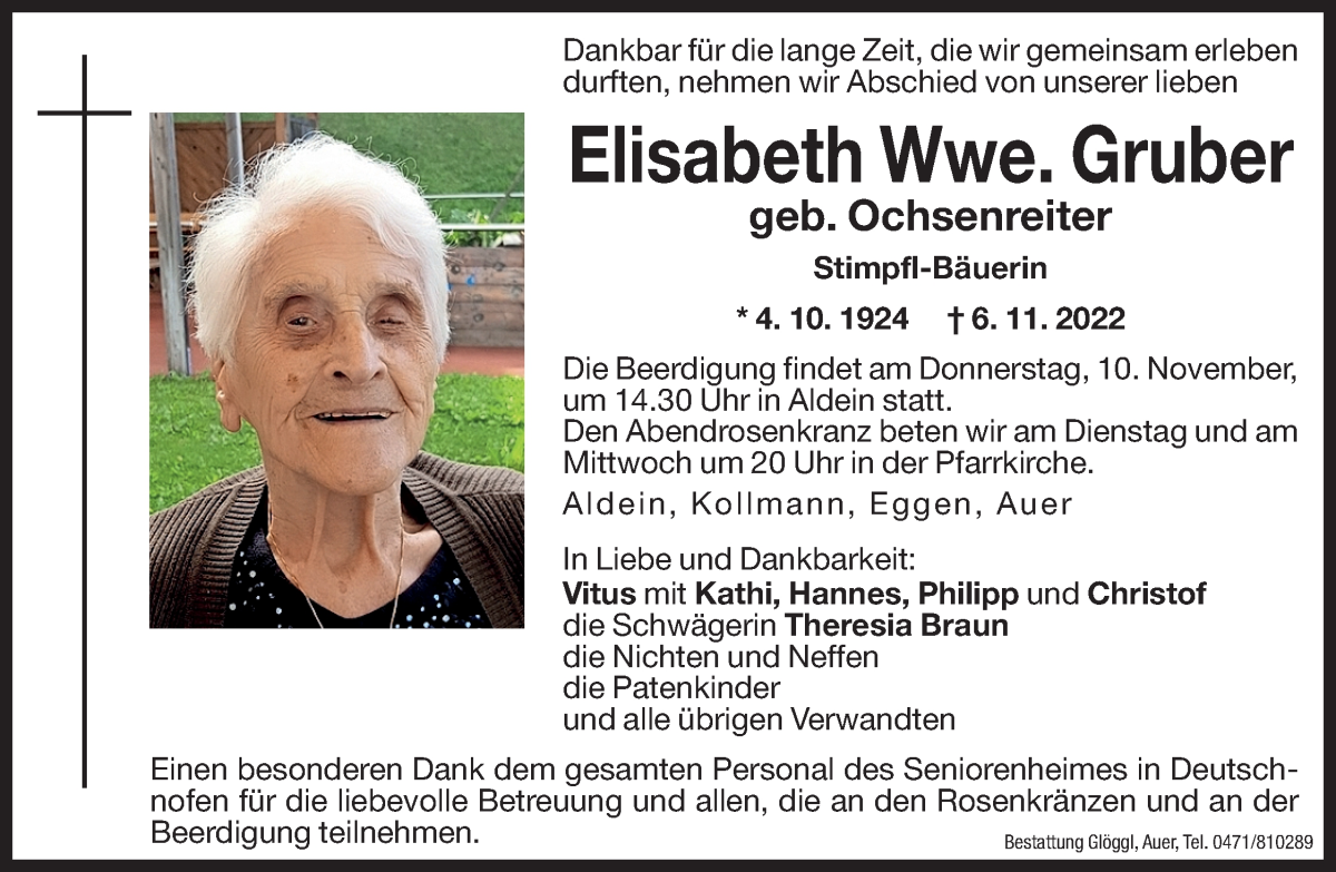  Traueranzeige für Elisabeth Gruber vom 08.11.2022 aus Dolomiten