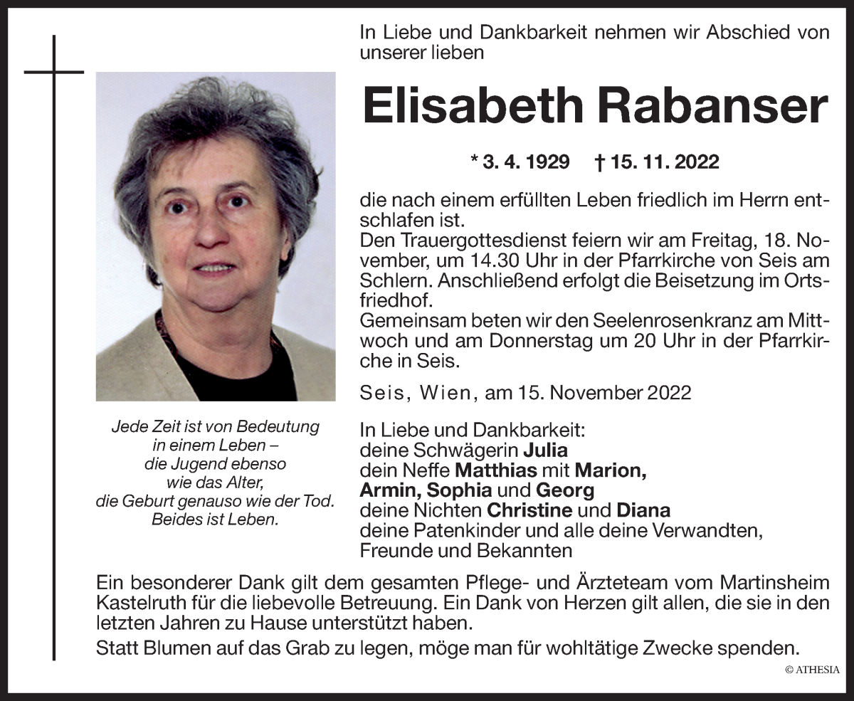  Traueranzeige für Elisabeth Rabanser vom 16.11.2022 aus Dolomiten