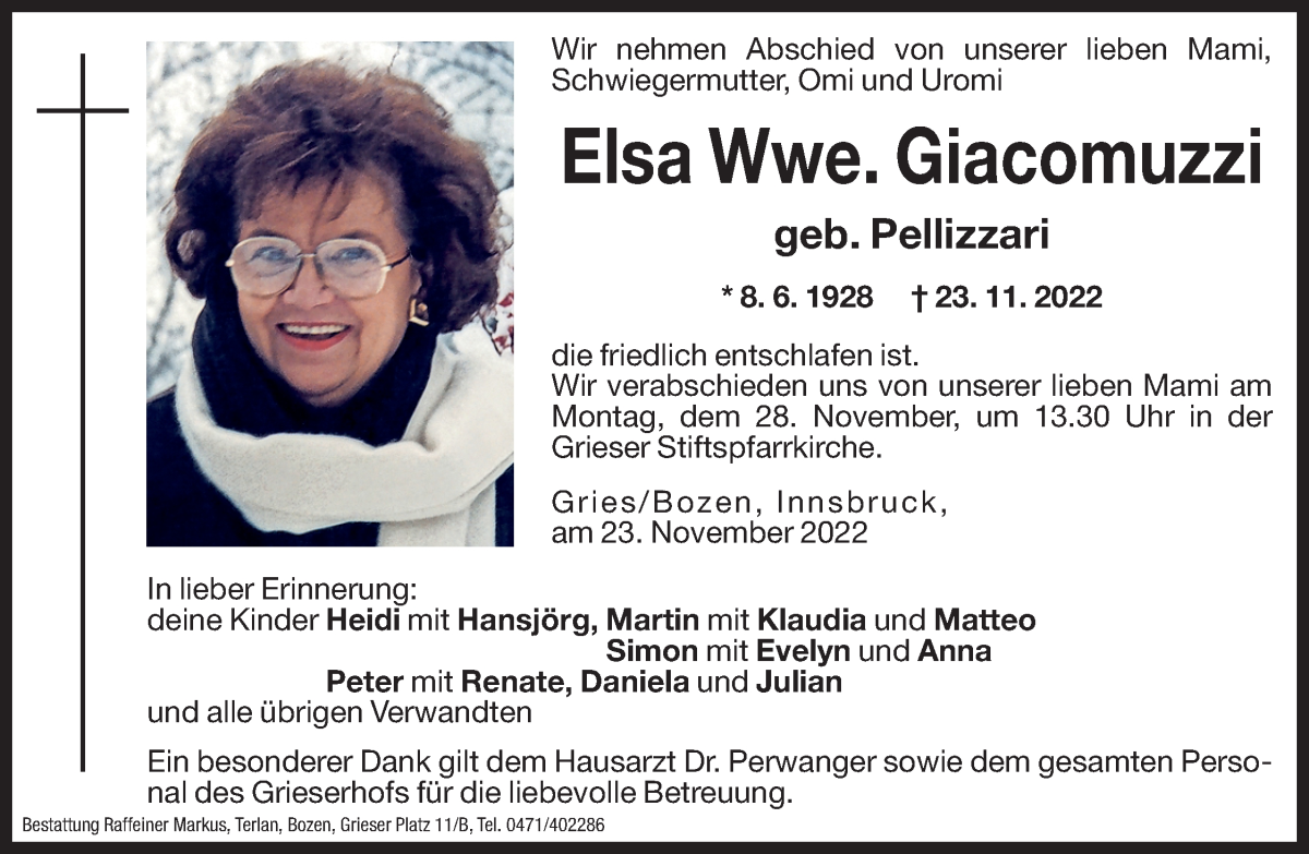  Traueranzeige für Elsa Giacomuzzi vom 25.11.2022 aus Dolomiten