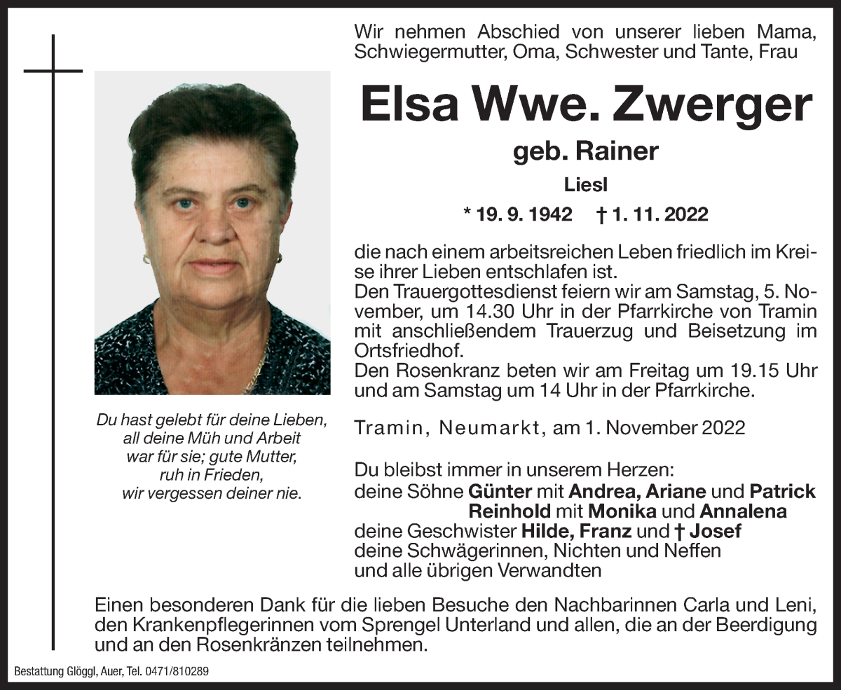  Traueranzeige für Elsa Zwerger vom 03.11.2022 aus Dolomiten