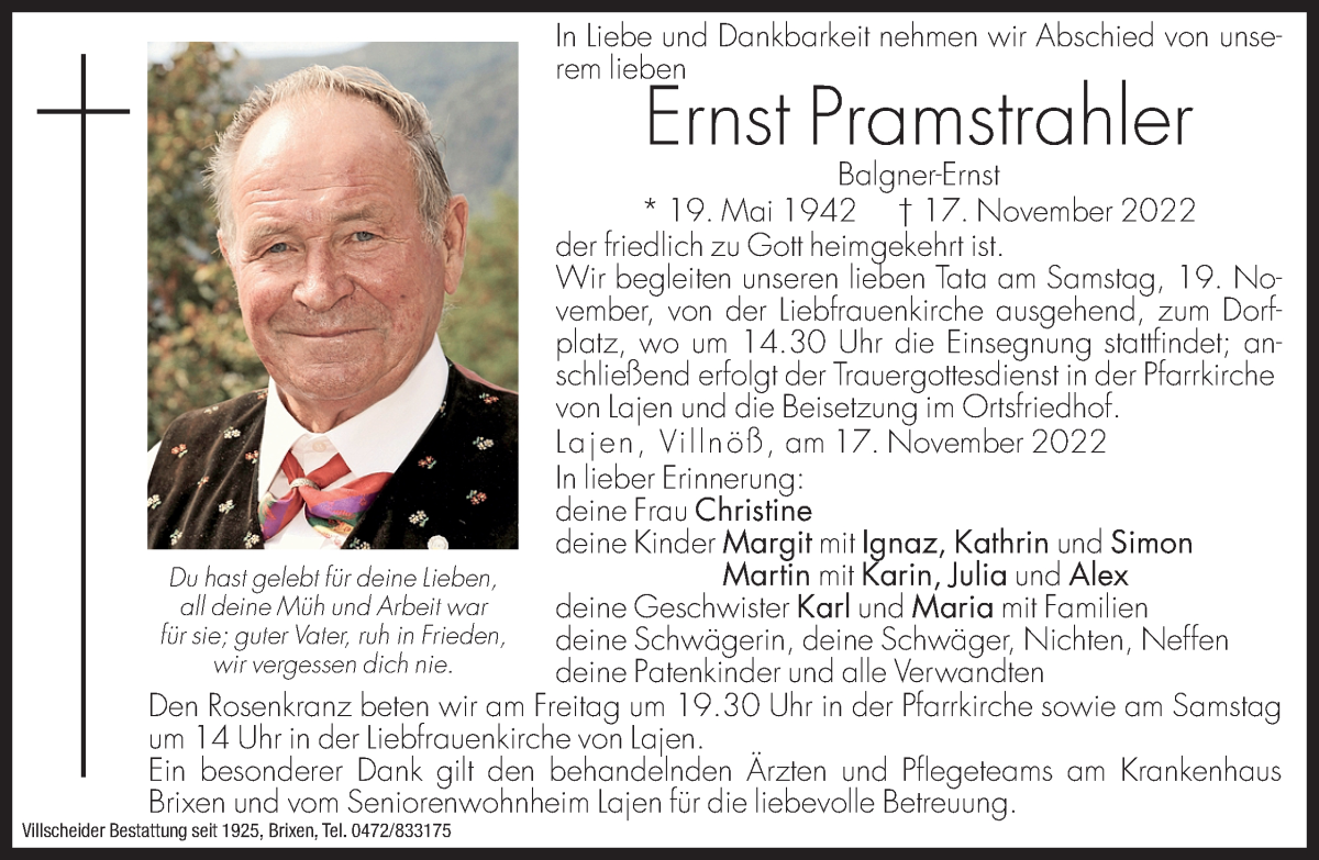  Traueranzeige für Ernst Pramstrahler vom 18.11.2022 aus Dolomiten