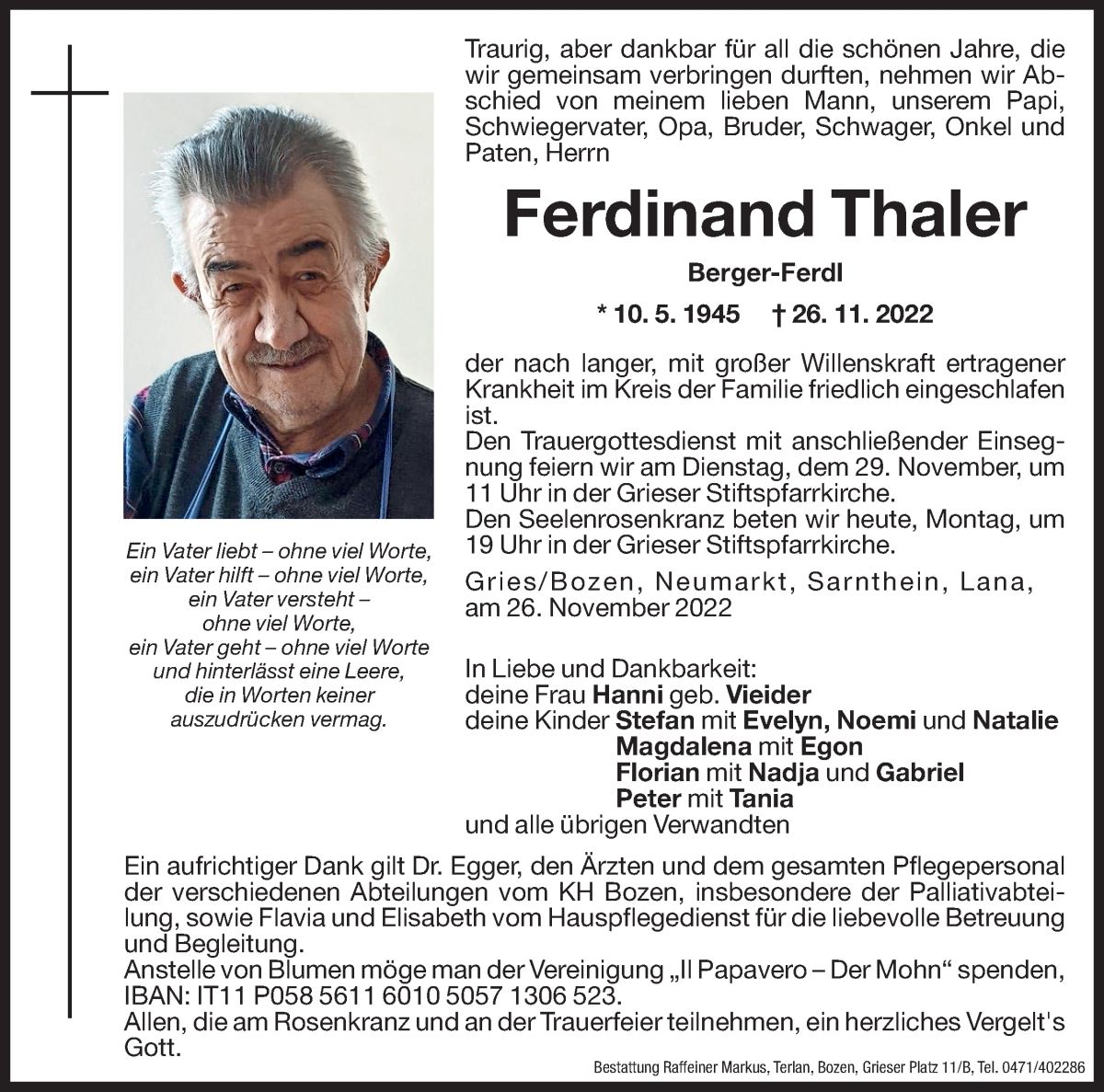  Traueranzeige für Ferdinand Thaler vom 28.11.2022 aus Dolomiten