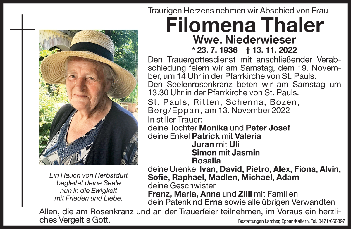  Traueranzeige für Filomena Niederwieser vom 18.11.2022 aus Dolomiten