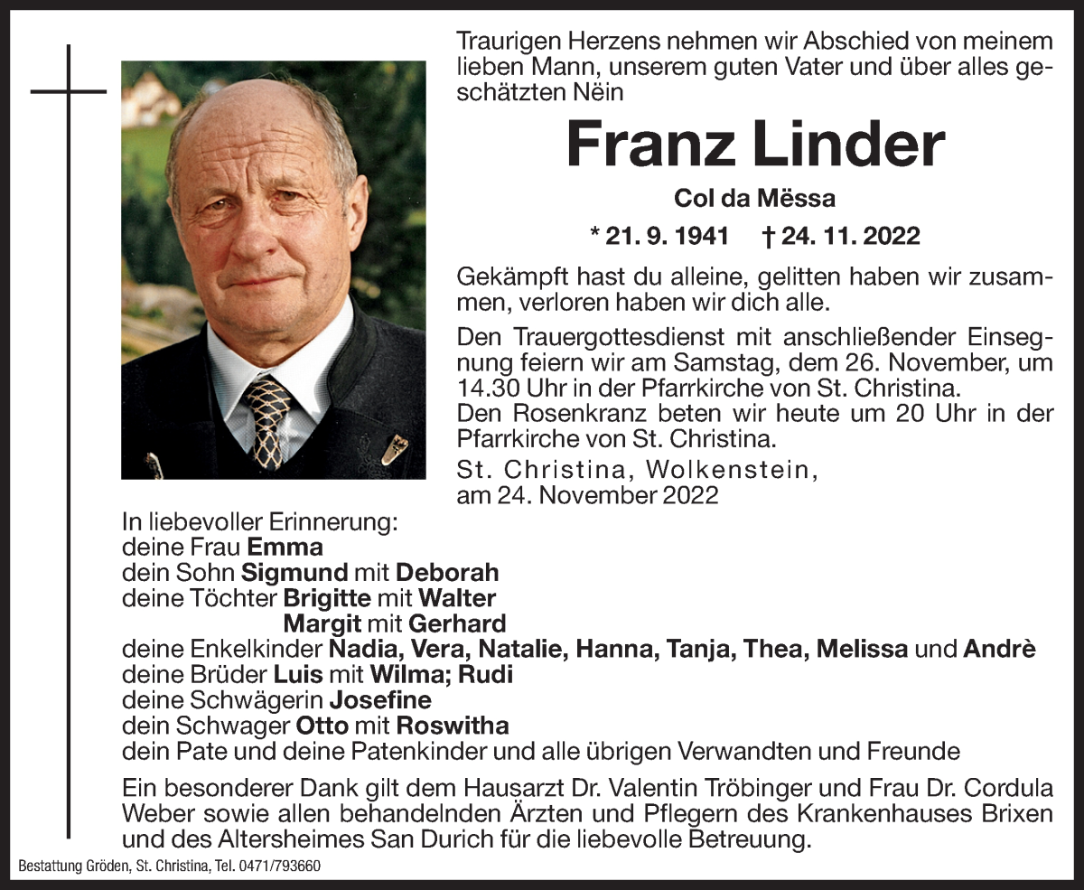  Traueranzeige für Franz Linder vom 25.11.2022 aus Dolomiten