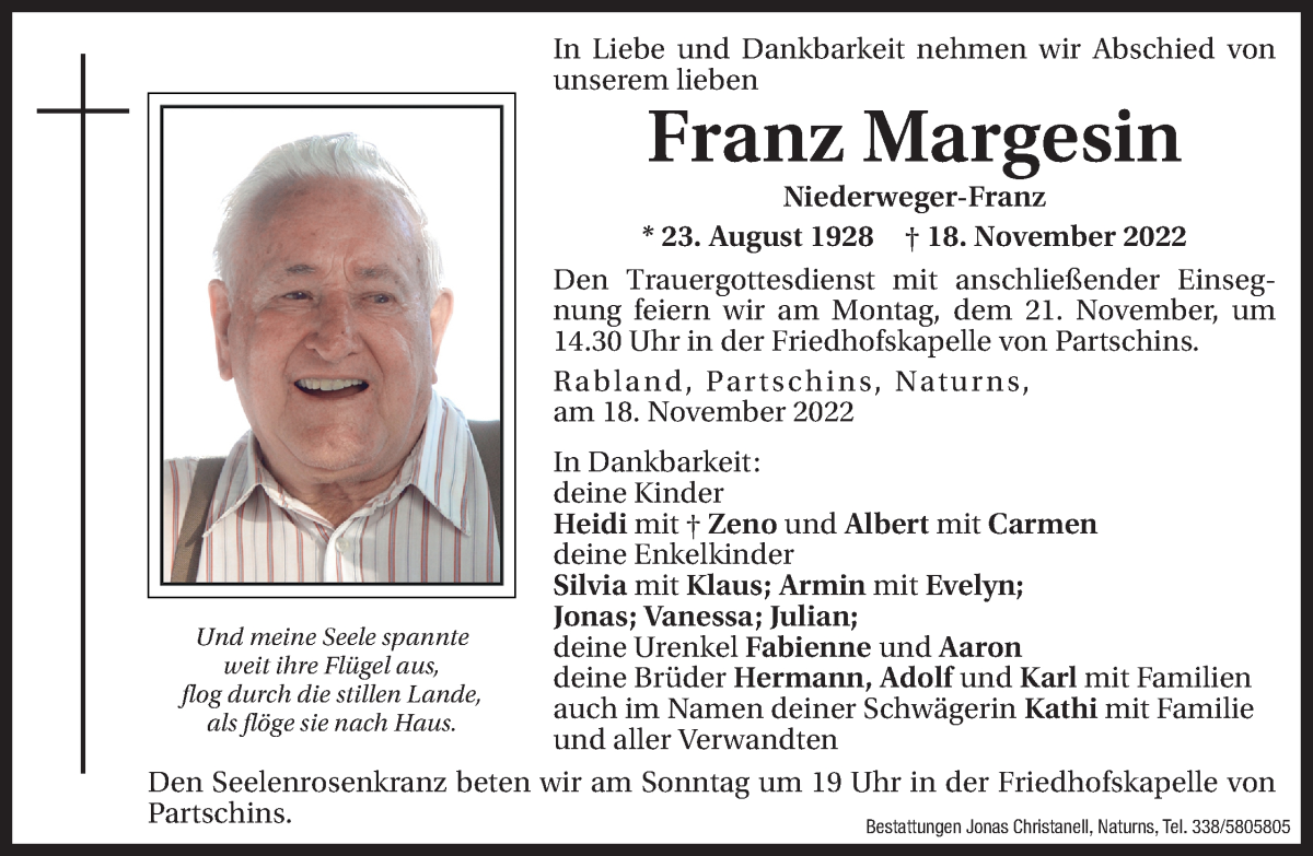  Traueranzeige für Franz Margesin vom 19.11.2022 aus Dolomiten