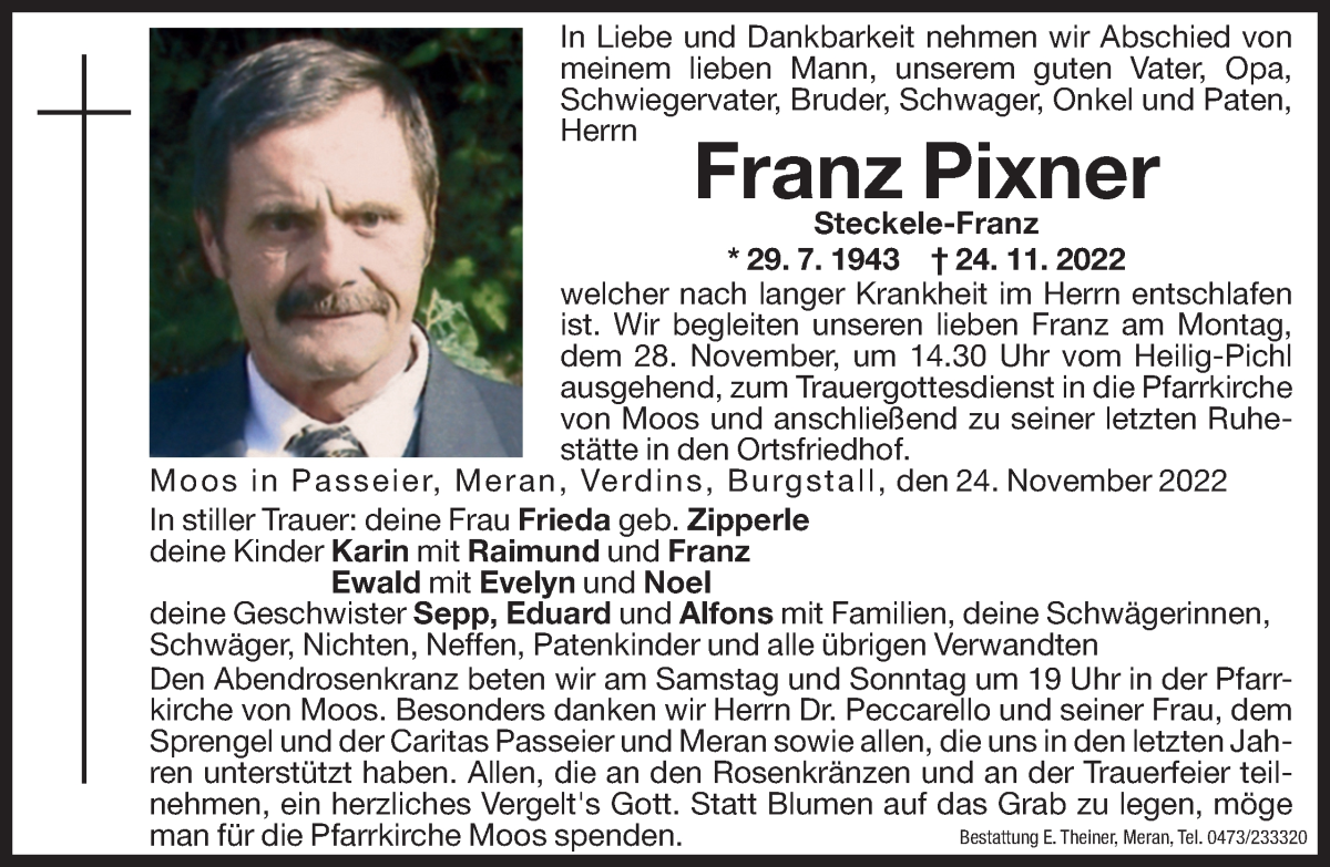  Traueranzeige für Franz Pixner vom 26.11.2022 aus Dolomiten