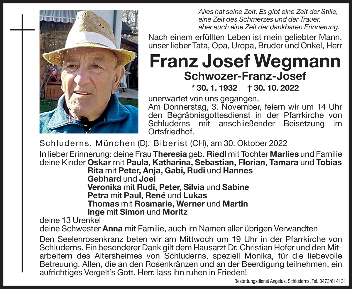  Traueranzeige für Franz Josef Wegmann vom 02.11.2022 aus Dolomiten