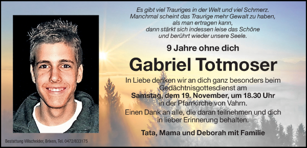 Traueranzeige von Gabriel Totmoser von Dolomiten