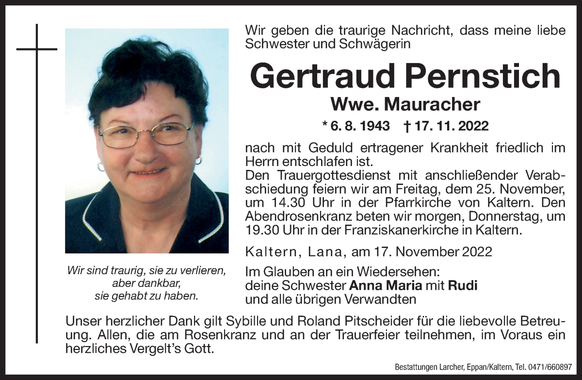  Traueranzeige für Gertraud Mauracher vom 23.11.2022 aus Dolomiten