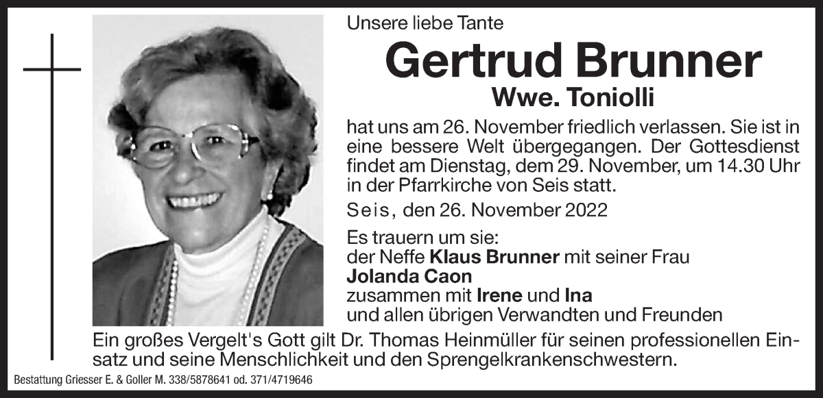  Traueranzeige für Gertrud Toniolli vom 28.11.2022 aus Dolomiten