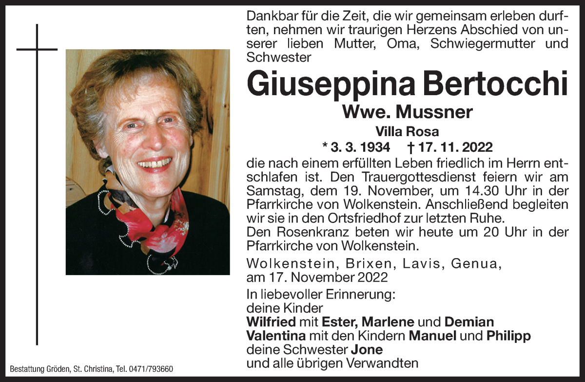  Traueranzeige für Giuseppina Mussner vom 18.11.2022 aus Dolomiten