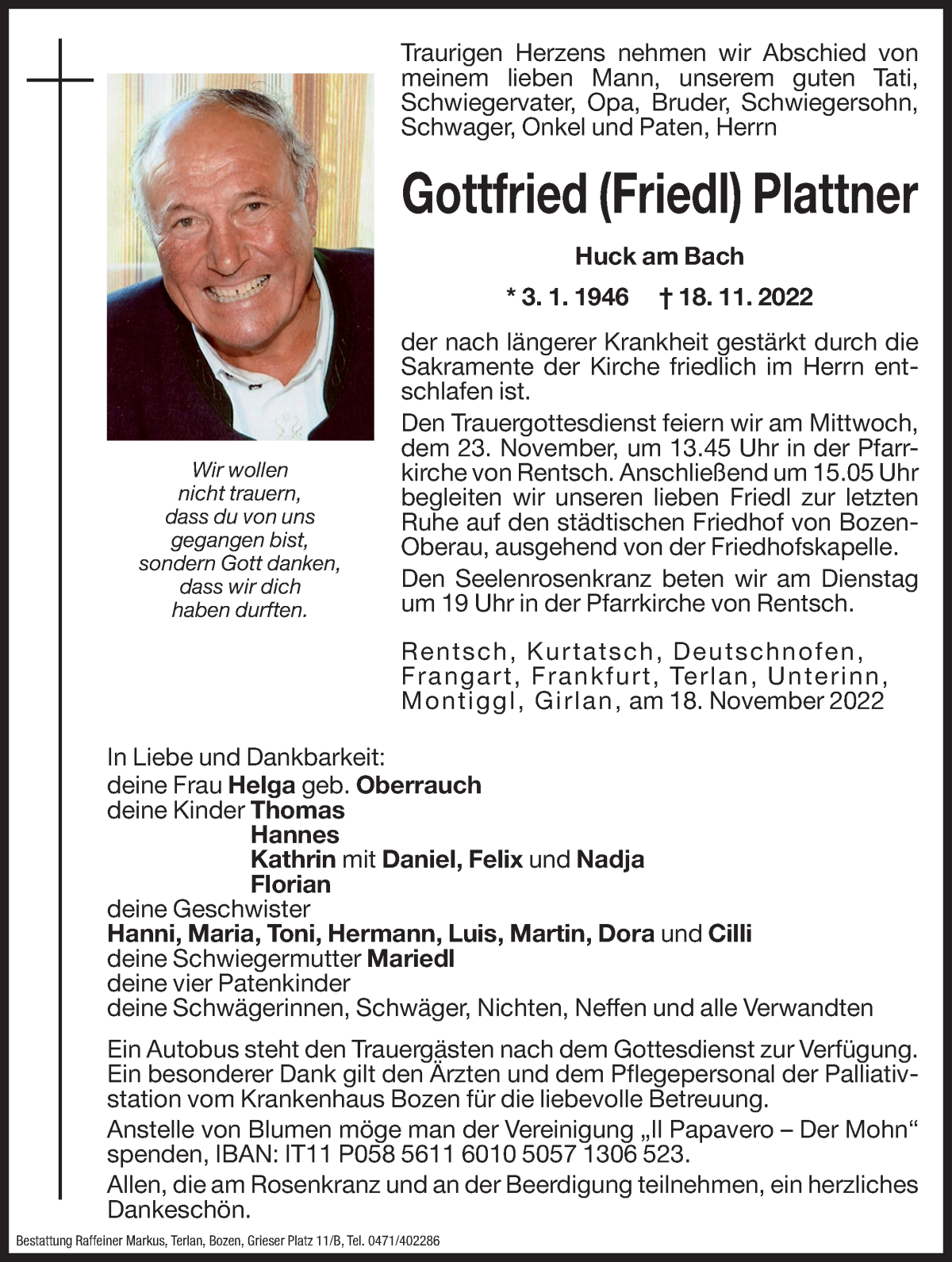  Traueranzeige für Gottfried (Friedl) Plattner vom 21.11.2022 aus Dolomiten
