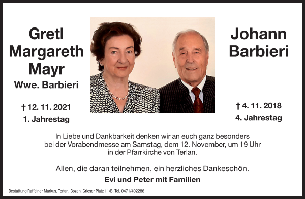 Traueranzeige von Gretl Margareth Barbieri von Dolomiten