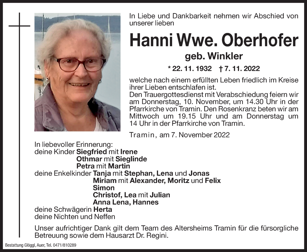  Traueranzeige für Hanni Oberhofer vom 08.11.2022 aus Dolomiten