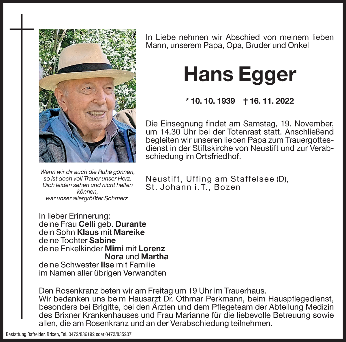  Traueranzeige für Hans Egger vom 18.11.2022 aus Dolomiten