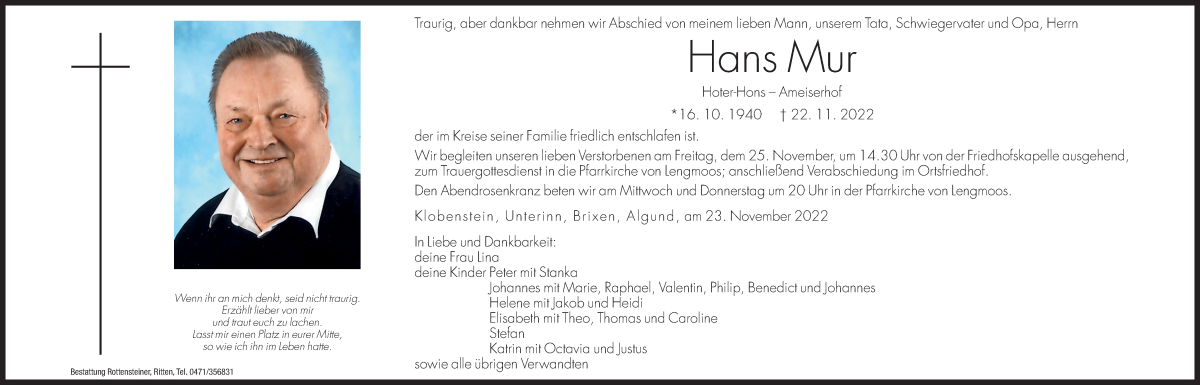  Traueranzeige für Hans Mur vom 23.11.2022 aus Dolomiten