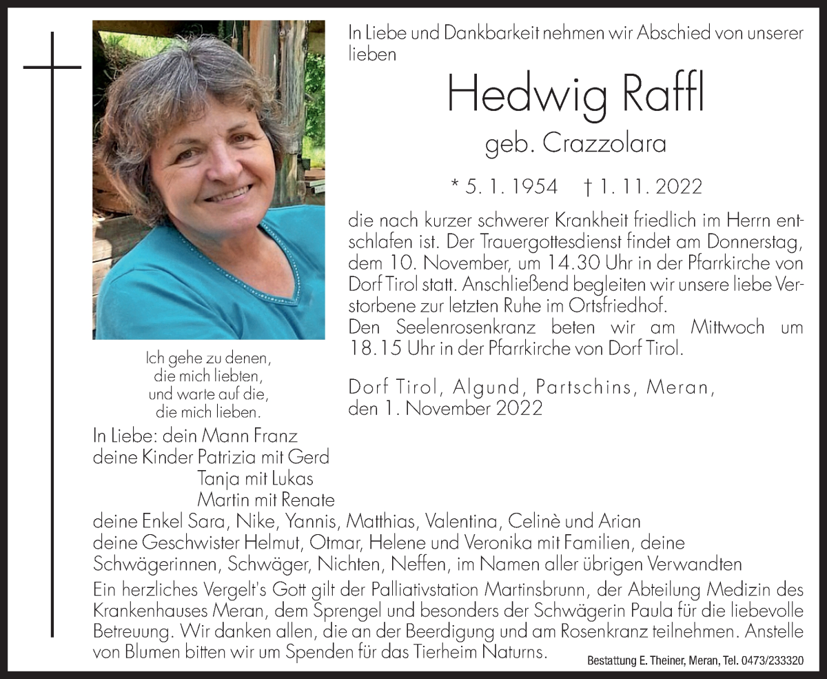  Traueranzeige für Hedwig Raffl vom 08.11.2022 aus Dolomiten