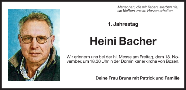 Traueranzeige von Heini Bacher von Dolomiten