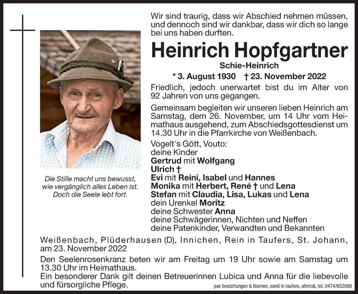  Traueranzeige für Heinrich Hopfgartner vom 25.11.2022 aus Dolomiten