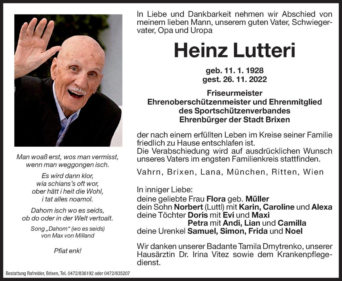  Traueranzeige für Heinz Lutteri vom 28.11.2022 aus Dolomiten