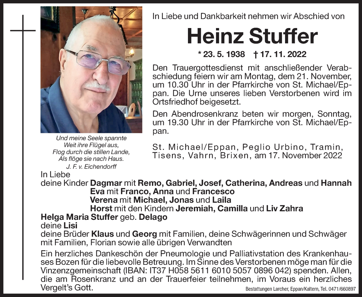  Traueranzeige für Heinz Stuffer vom 19.11.2022 aus Dolomiten