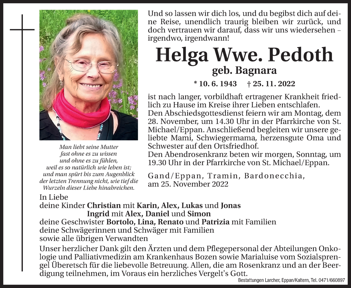  Traueranzeige für Helga Pedoth vom 26.11.2022 aus Dolomiten