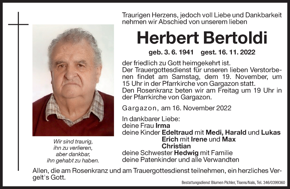  Traueranzeige für Herbert Bertoldi vom 18.11.2022 aus Dolomiten
