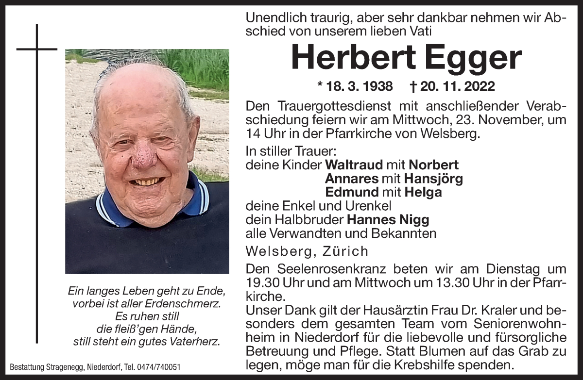  Traueranzeige für Herbert Egger vom 22.11.2022 aus Dolomiten
