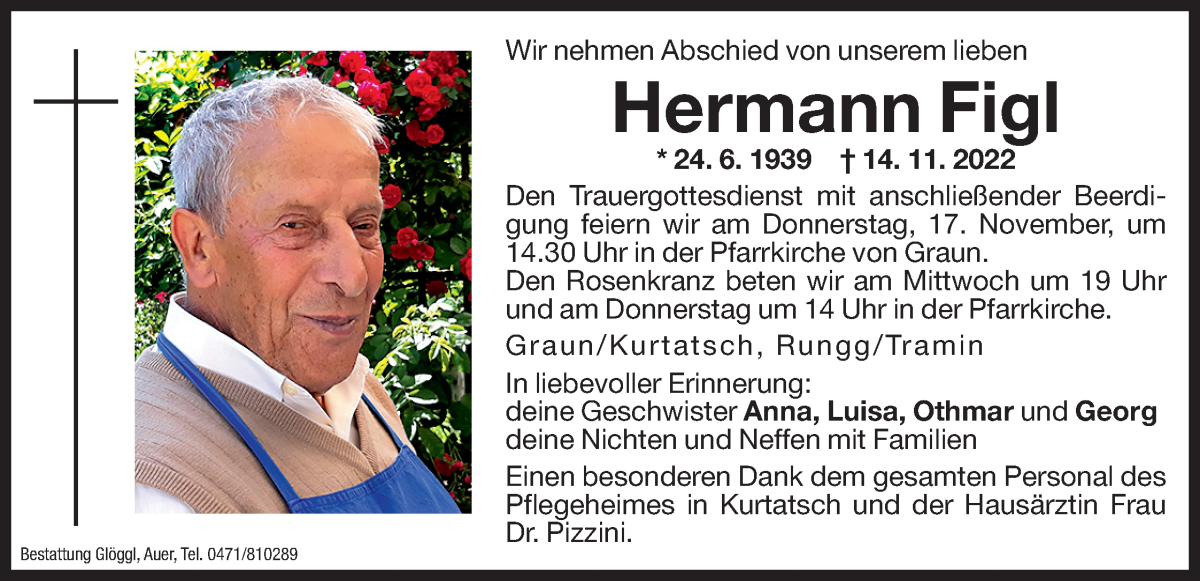  Traueranzeige für Hermann Figl vom 15.11.2022 aus Dolomiten