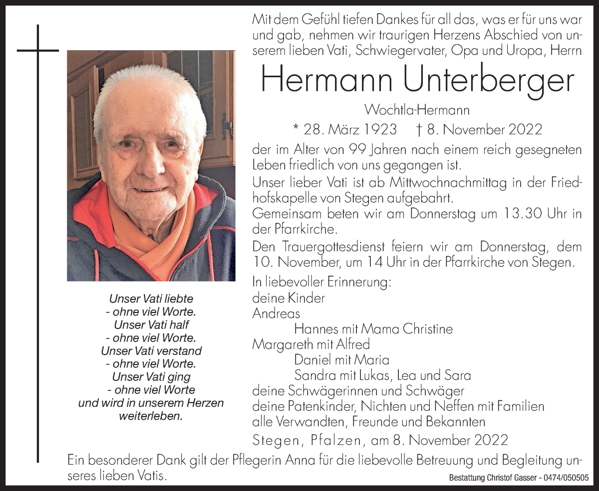 Traueranzeige für Hermann Unterberger vom 10.11.2022 aus Dolomiten