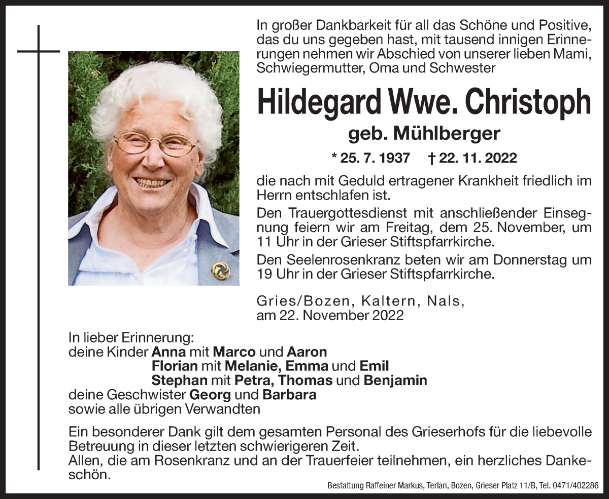  Traueranzeige für Hildegard Christoph vom 23.11.2022 aus Dolomiten