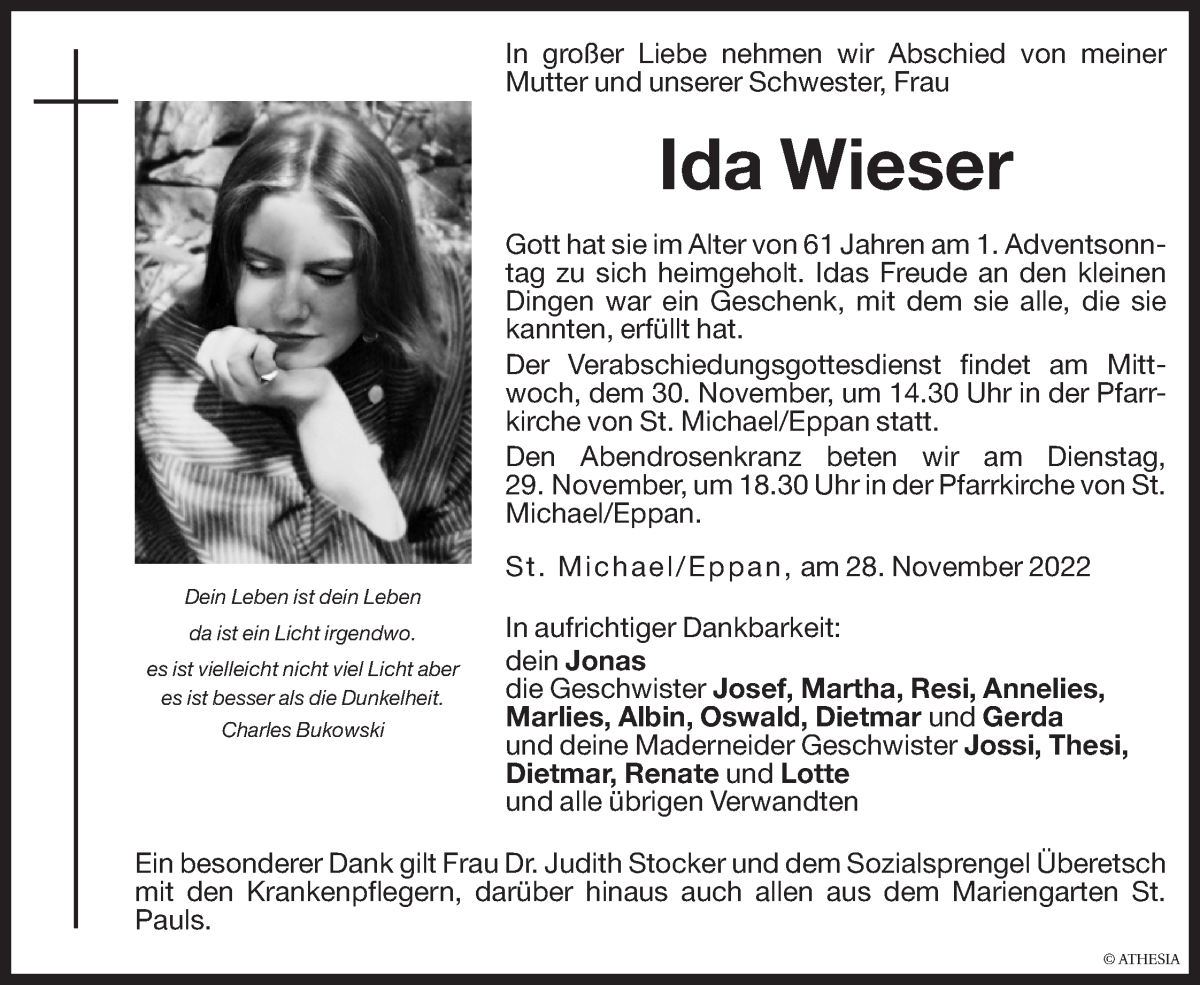  Traueranzeige für Ida Wieser vom 29.11.2022 aus Dolomiten