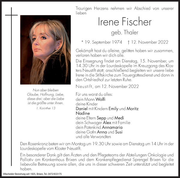 Traueranzeige von Irene Fischer von Dolomiten