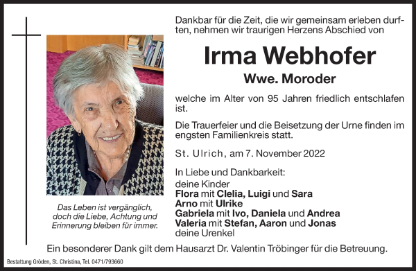 Traueranzeige von Irma Moroder von Dolomiten